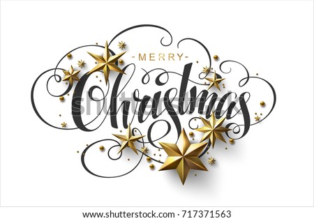 Merry Christmas Calligraphic Inscription Decorated with Golden Stars and Beads.