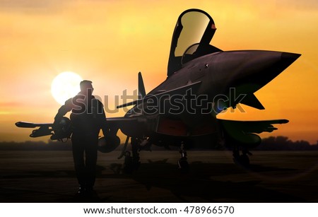 Military pilot and aircraft at airfield on mission standby