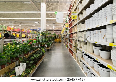 MOSCOW, RUSSIA - FEBRUARY 15, 2015: Potted plants in the store ...