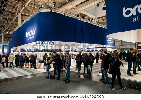 Hannover, Germany - March, 2017: Japanese company Brother Industries stand interior on exhibition fair Cebit 2017 in Hannover Messe, Germany