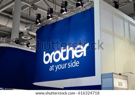 Hannover, Germany - March, 2017: Japanese company Brother Industries logo sign on exhibition fair Cebit 2017 in Hannover Messe, Germany