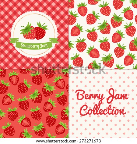 Homemade strawberry jam collection. Paper label and seamless patterns with Gingham, Polka Dot and Berries on color and light background. Perfect for wallpaper, wrapping paper, textile, package design