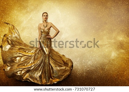 Golden Fashion Model, Elegant Woman Flying Gold Dress, Waving Sparkling Gown Fabric