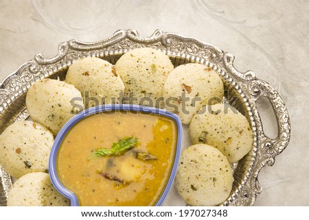 Sambar with Idli with Coconut Chutney, Indian Food - stock photo