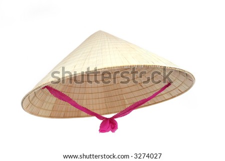 Asian conical hat with pink tie, isolated on white.