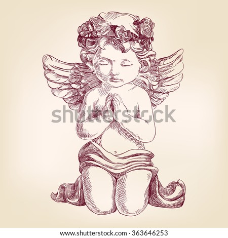 angel prays on his knees hand drawn vector llustration realistic sketch