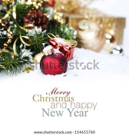 Christmas composition with snow and Christmas decoration (with sample text)