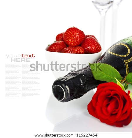 Romantic still life with champagne, strawberry and beautiful red roses over white (with easy removable text)