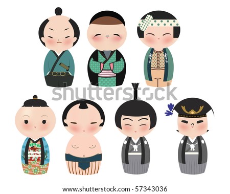 A series of cute japanese kokeshi characters.