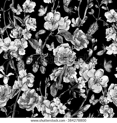 Black&white vintage garden watercolor spring seamless background with blooming branches of cherry, peach, pear, sakura, apple trees and butterflies, isolated botanical illustration
