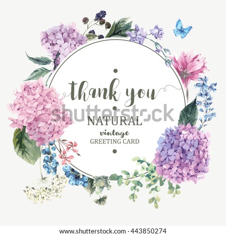 Summer Vintage Floral Greeting Card with Blooming Hydrangea and garden flowers, Thank you botanical natural hydrangea Illustration on white in watercolor style.