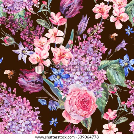 Vintage garden watercolor spring seamless background with pink flowers blooming branches of peach, pear, lilacs, tulips, scilla, roses and bee, botanical illustration on black