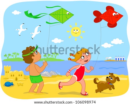 two cute cartoon children are running with kites on the beach summer holiday illustration for - Holiday Cartoon Images two cute cartoon children are running with kites on the beach summer holiday illustration for - Holiday Cartoon Images