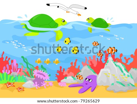 Coral Reef Two Turtles Fishes Marine Stock Illustration 79265629 ...