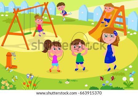 Group Children Playing Playground Teacher Mother Stock Vector 663915370 ...