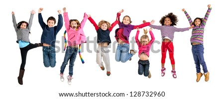 Group of children jumping isolated in white