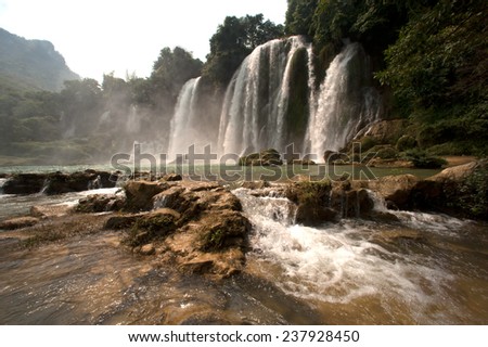 Ban Gioc Waterfall on the Quy Xuan River is located in Cao Bang Province,nears the Sino-Vietnamese border. The waterfall falls thirty meters. Located in Northern of Vietnam.