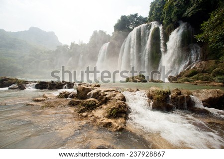 Ban Gioc Waterfall on the Quy Xuan River is located in Cao Bang Province,nears the Sino-Vietnamese border. The waterfall falls thirty meters. Located in Northern of Vietnam.