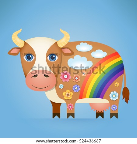 Cute Cartoon Cow with a Decorative Ornament on his Body. Vector Illustration.