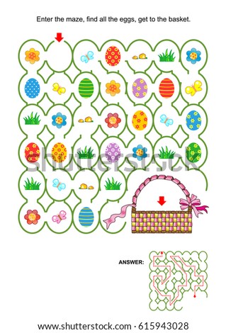 Easter egg hunt themed maze game with basket, painted eggs, fresh green grass, flowers. Answer included.