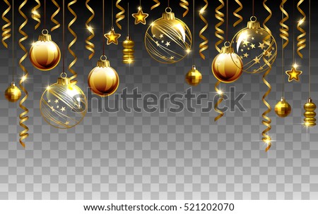 Glass Christmas evening balls on a transparent background. New year gold decorations with garlands. Objects for any background design.