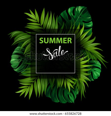 Sale banner with green tropical palm and monstera leaves on the black background. White lettering on the summer poster.