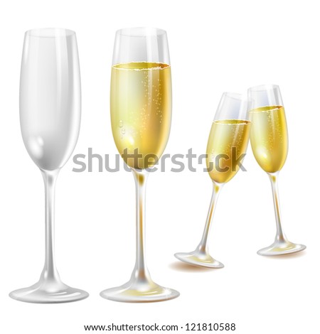 Two champagne glasses over white background