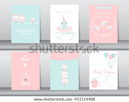 Set of baby shower invitation cards,birthday cards,poster,template,greeting cards,animals,cute,birds,Vector illustrations
