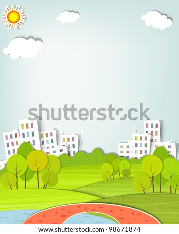 urban landscape with trees, lake and bridge