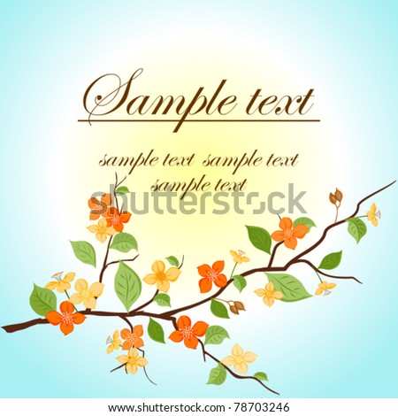 Card with an inscription with a peach branch against the sun