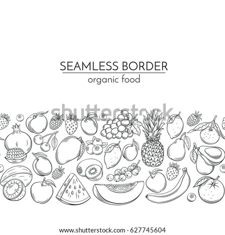Seamless borders with hand drawn fruits for farmers market menu design. Vector vintage illustration.