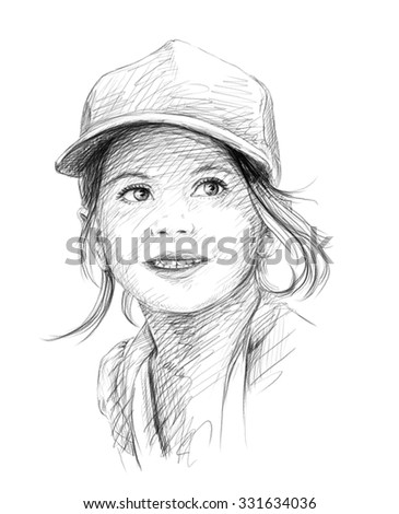 Little beautiful girl in cap pencil sketch Little beautiful girl in cap pencil sketch