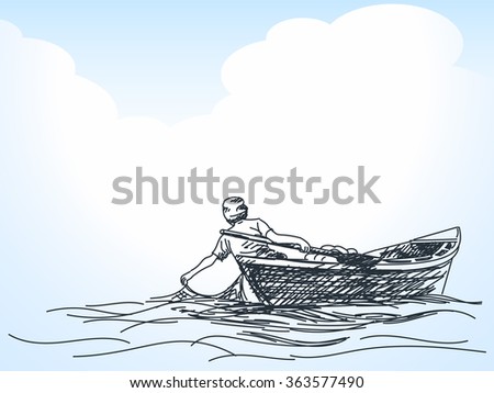 Sketch of man fishing with net from boat, Hand drawn illustration