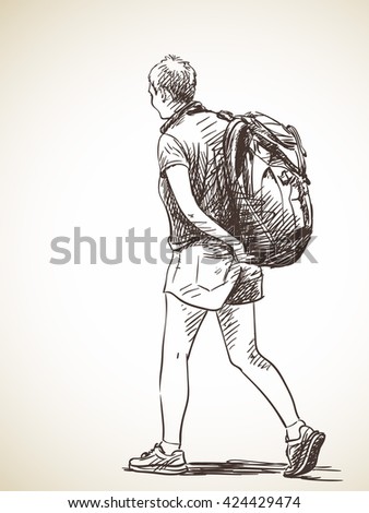 Sketch Woman Walking Backpack Hand Drawn Stock Vector 422194108 ...