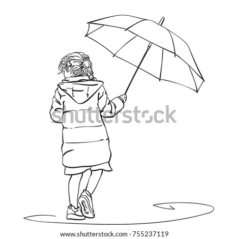 Vector Sketch Little Girl Walking Under Stock Vector 755237119 ...