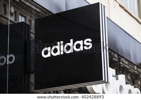 LONDON, UK - APRIL 7TH 2016: A sign for an Adidas retail store on Oxford Street in London, on 7th April 2016.