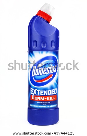 LONDON, UK - JUNE 16TH 2016: Close-up of the Domestos logo on one of their cleaning products, on 16th June 2016. The range of Domestos cleaning products are manufactured by Unilever.