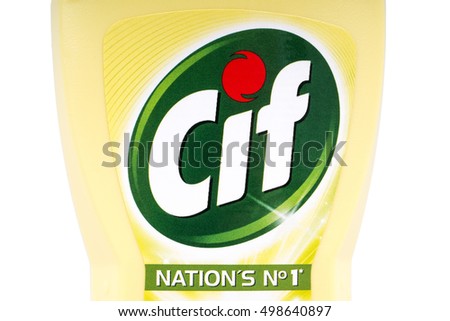 LONDON, UK - OCTOBER 13TH 2016: A close-up of the Cif logo on one of the brands household cleaning products, on 13th October 2016. The brand is owned and produced by the Unilever company.
