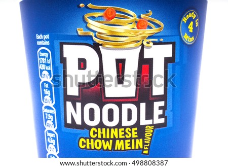 LONDON, UK - OCTOBER 13TH 2016: A shot of the label on Pot Noodle product over a plain white background, on 13th October 2016. The product is made by the Unilever company.