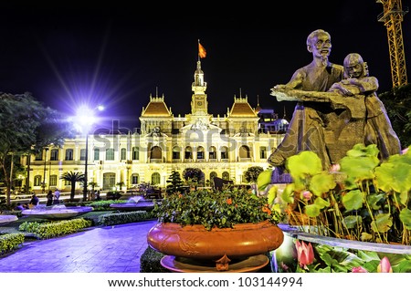 Ho Chi Minh City Hall in Ho Chi Minh City, Vietnam at night. It is known as Ho Chi Minh City People's Committee Head office and was built in 1902-1908.
