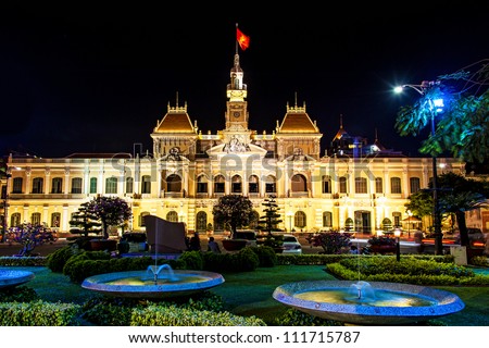 Ho Chi Minh City Hall in Ho Chi Minh City, Vietnam at night. It is known as Ho Chi Minh City People's Committee Head office and was built in 1902-1908.