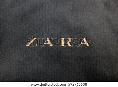 Aytos, Bulgaria - March 04, 2017: Logo of famous brand Zara. Zara is a Spanish clothing and accessories retailer based in Arteixo, Galicia.