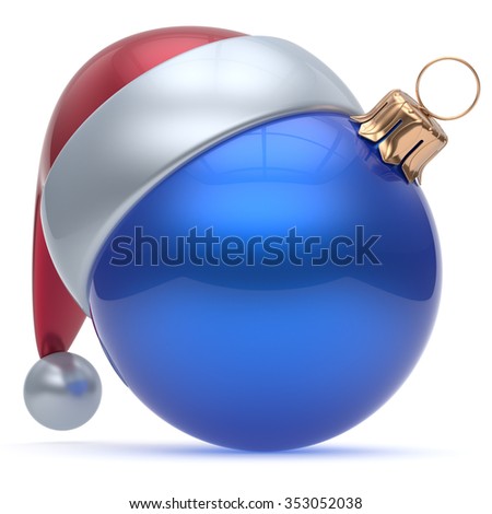 Christmas ball adornment ornament blue New Year's Eve bauble decoration blank. Happy Merry Xmas funny Santa Claus hat sphere emoticon wintertime traditional seasonal celebration souvenir. 3d render