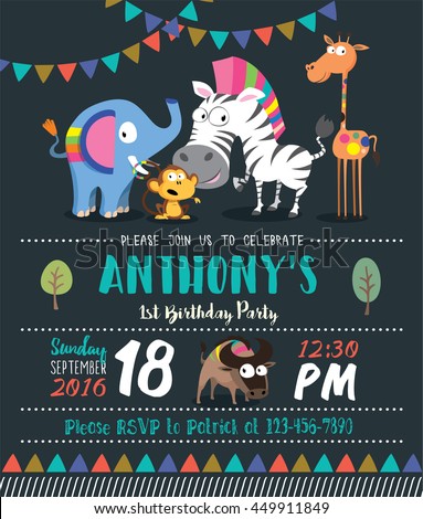 cute animals birthday party invitation cardのベクター画像素材