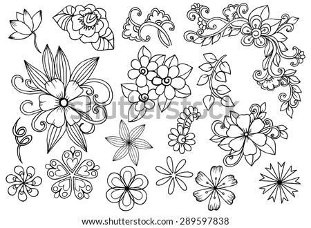 Vector set of white and black flowers. Doodle floral design elements.