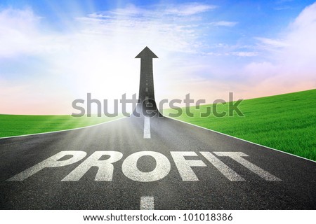 A road turning into an arrow rising upward symbolizing growth and improvement of profit
