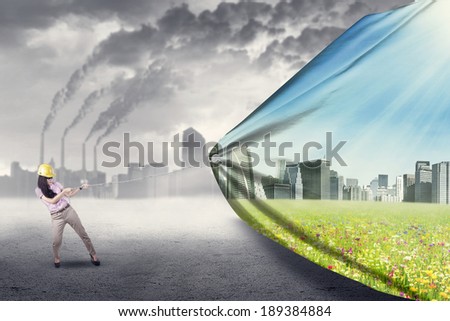 Engineer try to save environment by pulling a banner of new green city