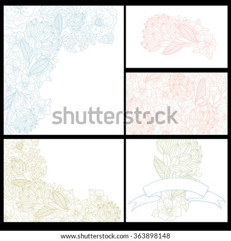 vector set of hand drawn floral cards with linear flowers for wedding design, invitations and cards