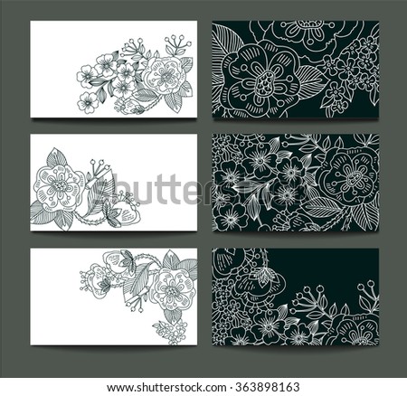 vector set of black and white floral cards with linear flowers