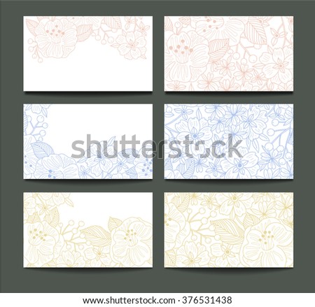 vector set of floral cards with linear hand drawn blooms